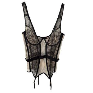 Victoria's Secret Beaded Lace Corset Bustier Garter Teddy Black Nude M NWT